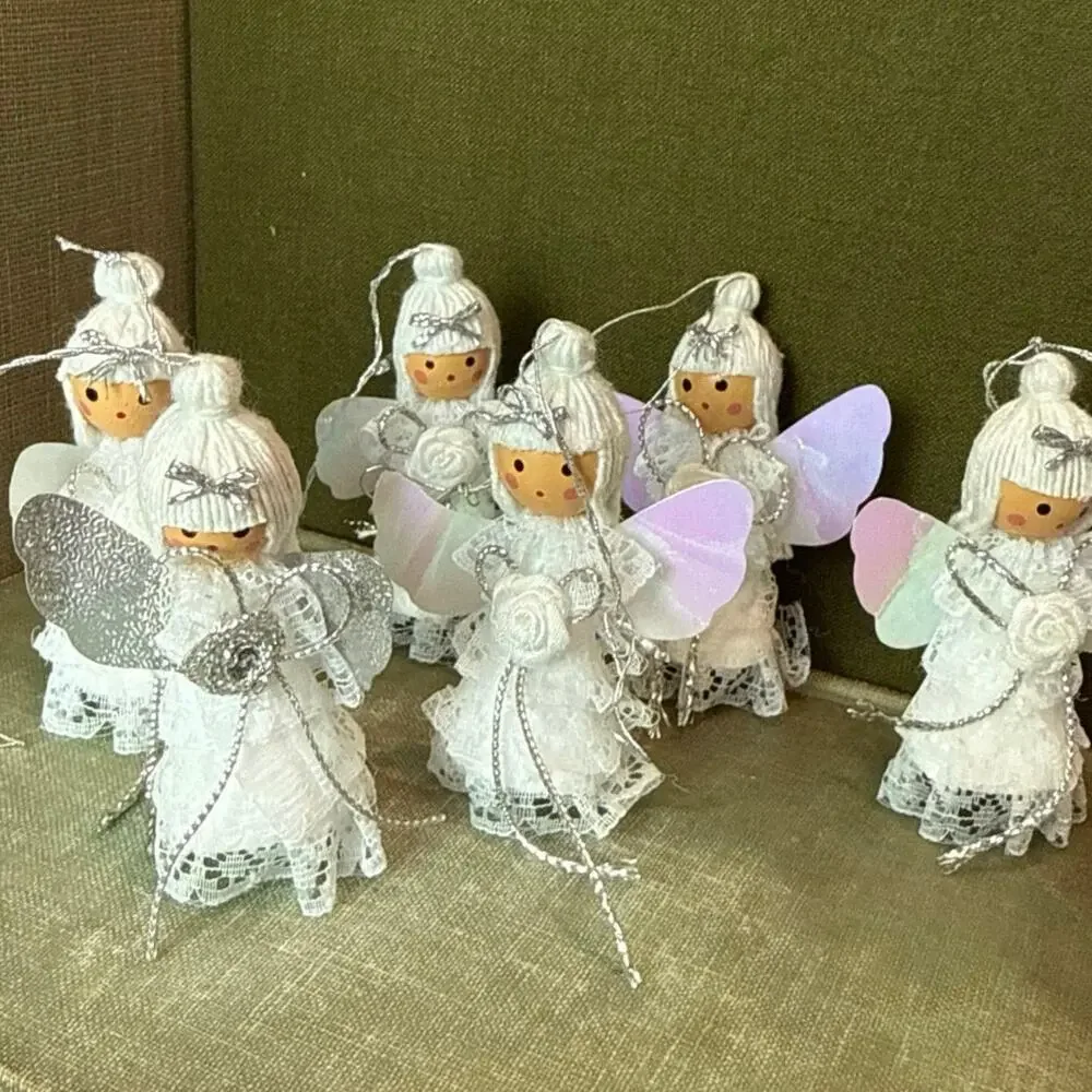 Vintage Angel Ornaments • Set of 6 • Iridescent Wings • 2.75”